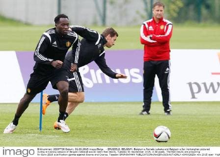 - BRUSSELS, BELGIUM: Belgium s Romelu Lukaku and Belgium s Jan Vertonghen pictured during a training session of Belgian national soccer team Red Devils, Tuesday 01 September 2015, in Brussels. The Red Devils are preparing for Euro 2016 qualification games against Bosnia and Cyprus. Tuesday BRUNOxFAHY  x04691625x
