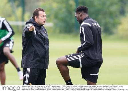 - BRUSSELS, BELGIUM: Belgium s head coach Marc Wilmots and Belgium s Romelu Lukaku pictured during a training session of Belgian national soccer team Red Devils, Tuesday 01 September 2015, in Brussels. The Red Devils are preparing for Euro 2016 qualification games against Bosnia and Cyprus. Tuesday BRUNOxFAHY  x04691633x