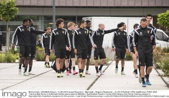 Neerpede , Belgium September , 01 2015 Football UEFA Qualification EURO 2016 Training Red Devils in Anderlecht before game against BOSNIA Qualification Road to France 2016 Belgian Red Devils Training session in Neerpede RSC Anderlecht academie On this picture : Axel Witsel MichelxGouverneur xxGOUVE 