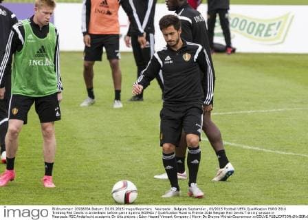 Neerpede , Belgium September , 01 2015 Football UEFA Qualification EURO 2016 Training Red Devils in Anderlecht before game against BOSNIA Qualification Road to France 2016 Belgian Red Devils Training session in Neerpede RSC Anderlecht academie On this picture : Eden Hazard Vincent Kompany Kevin De Bruyne MichelxGouverneur xxGOUVE 