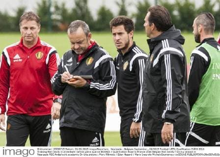 Neerpede , Belgium September , 01 2015 Football UEFA Qualification EURO 2016 Training Red Devils in Anderlecht before game against BOSNIA Qualification Road to France 2016 Belgian Red Devils Training session in Neerpede RSC Anderlecht academie On this picture : Marc Wilmots Eden Hazard Mario Inaurato MichelxGouverneur xxGOUVE 