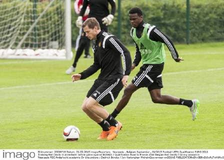 Neerpede , Belgium September , 01 2015 Football UEFA Qualification EURO 2016 Training Red Devils in Anderlecht before game against BOSNIA Qualification Road to France 2016 Belgian Red Devils Training session in Neerpede RSC Anderlecht academie On this picture : Dedrick Boyota Jan Vertonghen MichelxGouverneur xxGOUVE 