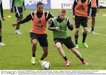 Neerpede , Belgium September , 01 2015 Football UEFA Qualification EURO 2016 Training Red Devils in Anderlecht before game against BOSNIA Qualification Road to France 2016 Belgian Red Devils Training session in Neerpede RSC Anderlecht academie On this picture : Nacer Chadli Kevin De Bruyne MichelxGouverneur xxGOUVE 