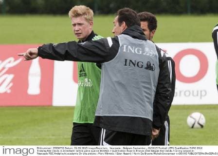 Neerpede , Belgium September , 01 2015 Football UEFA Qualification EURO 2016 Training Red Devils in Anderlecht before game against BOSNIA Qualification Road to France 2016 Belgian Red Devils Training session in Neerpede RSC Anderlecht academie On this picture : Marc Wilmots Eden Hazard Kevin De Bruyne MichelxGouverneur xxGOUVE 