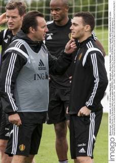 Neerpede , Belgium September , 01 2015 Football UEFA Qualification EURO 2016 Training Red Devils in Anderlecht before game against BOSNIA Qualification Road to France 2016 Belgian Red Devils Training session in Neerpede RSC Anderlecht academie On this picture : Nacer Chadli Marc Wilmots MichelxGouverneur xxGOUVE 