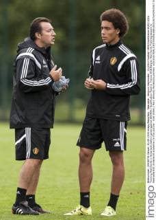 Neerpede , Belgium September , 01 2015 Football UEFA Qualification EURO 2016 Training Red Devils in Anderlecht before game against BOSNIA Qualification Road to France 2016 Belgian Red Devils Training session in Neerpede RSC Anderlecht academie On this picture : Axel Witsel Marc Wilmots MichelxGouverneur xxGOUVE 
