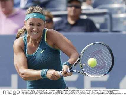 Victoria Azarenka hits a backhand to Lucie Hradecka in Louis Armstrong Stadium on day two at the US Open Tennis Championships at the USTA Billie Jean King National Tennis Center in New York City on September 1, 2015.  NYP20150901105 JOHNxANGELILLO