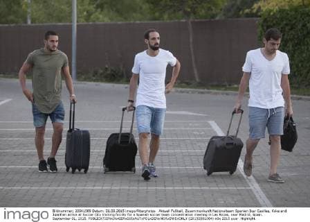 Aktuell Fußball, Zusammenkunft Nationalteam Spanien Iker Casillas, Koke and Juanfran arrive at Soccer City training facility for a Spanish soccer team concentration meeting in Las Rozas, near Madrid, Spain. September 01, 2015.  (20150901084)