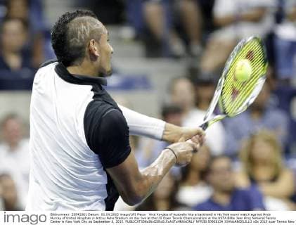 Nick Kyrgios of Australia hits a backhand in his first round match against Andy Murray of United Kingdom in Arthur Ashe Stadium on day two at the US Open Tennis Championships at the USTA Billie Jean King National Tennis Center in New York City on September 1, 2015.  NYP20150901134 JOHNxANGELILLO