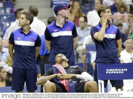 Nick Kyrgios of Australia slumps in his seat and closes his eyes during a change over after losing the first set in his first round match against Andy Murray of United Kingdom in Arthur Ashe Stadium on day two at the US Open Tennis Championships at the USTA Billie Jean King National Tennis Center in New York City on September 1, 2015.  NYP20150901135 JOHNxANGELILLO