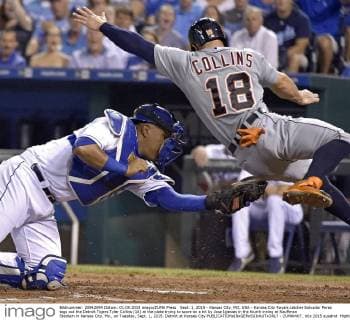 Sept. 1, 2015 - Kansas City, MO, USA - Kansas City Royals catcher Salvador Perez tags out the Detroit Tigers Tyler Collins (18) at the plate trying to score on a hit by Jose Iglesias in the fourth inning at Kauffman Stadium in Kansas City, Mo., on Tuesday, Sept. 1, 2015. Detroit at Kansas City - ZUMAm67_