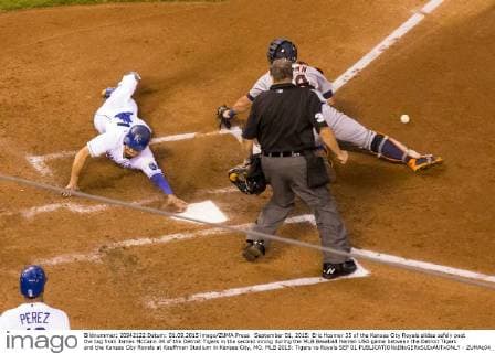 September 01, 2015: Eric Hosmer 35 of the Kansas City Royals slides safely past the tag from James McCann 34 of the Detroit Tigers in the second inning during the MLB Baseball Herren USA game between the Detroit Tigers and the Kansas City Royals at Kauffman Stadium in Kansas City, MO. MLB 2015: Tigers vs Royals SEP 01 - ZUMAc04_