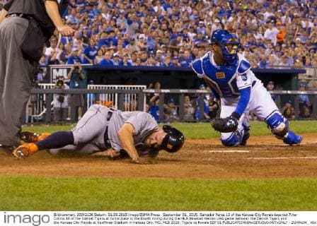 September 01, 2015: Salvador Perez 13 of the Kansas City Royals tags out Tyler Collins 18 of the Detroit Tigers at home plate in the fourth inning during the MLB Baseball Herren USA game between the Detroit Tigers and the Kansas City Royals at Kauffman Stadium in Kansas City, MO. MLB 2015: Tigers vs Royals SEP 01 - ZUMAc04_