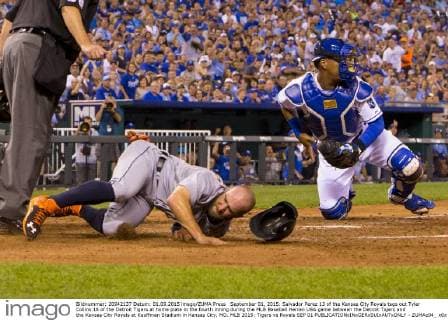 September 01, 2015: Salvador Perez 13 of the Kansas City Royals tags out Tyler Collins 18 of the Detroit Tigers at home plate in the fourth inning during the MLB Baseball Herren USA game between the Detroit Tigers and the Kansas City Royals at Kauffman Stadium in Kansas City, MO. MLB 2015: Tigers vs Royals SEP 01 - ZUMAc04_