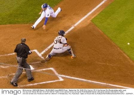 September 01, 2015: Eric Hosmer 35 of the Kansas City Royals slides safely past the tag from James McCann 34 of the Detroit Tigers in the second inning during the MLB Baseball Herren USA game between the Detroit Tigers and the Kansas City Royals at Kauffman Stadium in Kansas City, MO. MLB 2015: Tigers vs Royals SEP 01 - ZUMAc04_