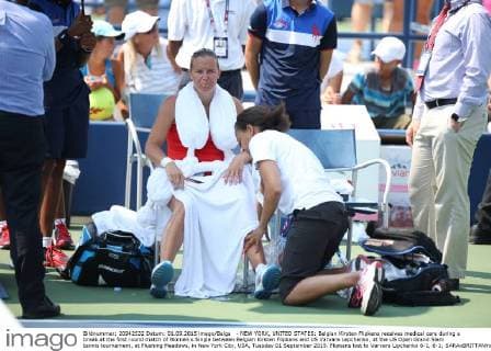 - NEW YORK, UNITED STATES: Belgian Kirsten Flipkens receives medical care during a break at the first round match of Women s Single between Belgian Kirsten Flipkens and US Varvara Lepchenko, at the US Open Grand Slam tennis tournament, at Flushing Meadows, in New York City, USA, Tuesday 01 September 2015. Flipkens lost to Varvara Lipchenko 6-1, 6-1; SARAxBRITTANYxSOMERSET  x04691932x
