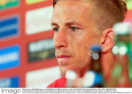 Wien 01.09.2015, Ernst Happel Stadion, Wien, AUT, UEFA EURO EM Europameisterschaft Fussball 2016 Qualifikation, Oesterreich vs Moldawien, Gruppe G, Pressekonferenz Oesterreich, im Bild Marc Janko (AUT) during a press conference PK Pressekonferenz of Team Austria (AUT) in front of the UEFA European Championship EM Europameisterschaft Qualifier Match between Austria (AUT) and Moldova (MDA) at the Ernst Happel Stadion, Vienna, Austria on 2015 09 01. EX_PUC