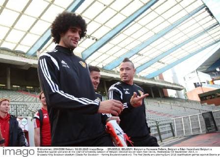 - BRUSSELS, BELGIUM: Belgium s Marouane Fellaini, Belgium s Eden Hazard and Belgium s Radja Nainggolan pictured at the start of a training session of Belgian national soccer team Red Devils, Wednesday 02 September 2015, in Brussels King Baudouin stadium (Stade Roi Baudouin - Koning Boudewijnsatdion). The Red Devils are playing Euro 2016 qualification games against Bosnia and Herzegovina tomorrow. Tuesday BRUNOxFAHY  x04692243x