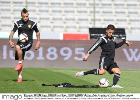 - BRUSSELS, BELGIUM: Belgium s Radja Nainggolan and Belgium s Eden Hazard pictured during a training session of Belgian national soccer team Red Devils, Wednesday 02 September 2015, in Brussels King Baudouin stadium (Stade Roi Baudouin - Koning Boudewijnsatdion). The Red Devils are playing Euro 2016 qualification games against Bosnia and Herzegovina tomorrow. Tuesday BRUNOxFAHY  x04692267x