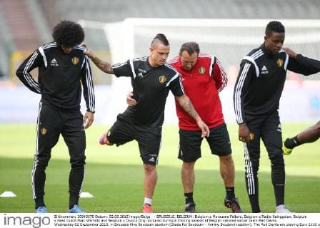 - BRUSSELS, BELGIUM: Belgium s Marouane Fellaini, Belgium s Radja Nainggolan, Belgium s head coach Marc Wilmots and Belgium s Divock Origi pictured during a training session of Belgian national soccer team Red Devils, Wednesday 02 September 2015, in Brussels King Baudouin stadium (Stade Roi Baudouin - Koning Boudewijnsatdion). The Red Devils are playing Euro 2016 qualification games against Bosnia and Herzegovina tomorrow. Tuesday BRUNOxFAHY  x04692282x
