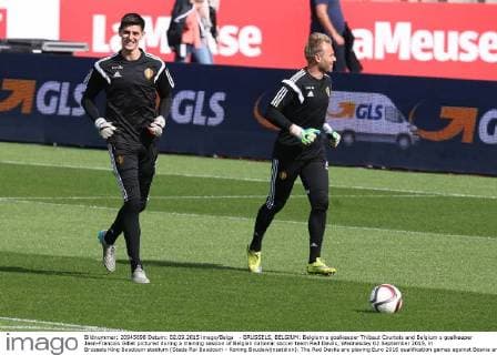 - BRUSSELS, BELGIUM: Belgium s goalkeeper Thibaut Courtois and Belgium s goalkeeper Jean-Francois Gillet pictured during a training session of Belgian national soccer team Red Devils, Wednesday 02 September 2015, in Brussels King Baudouin stadium (Stade Roi Baudouin - Koning Boudewijnsatdion). The Red Devils are playing Euro 2016 qualification games against Bosnia and Herzegovina tomorrow. Tuesday BRUNOxFAHY  x04692254x