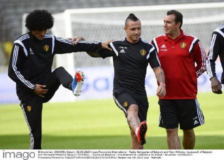 Radja Nainggolan of Belgium and Marc Wilmots, headcoach of Belgium and Marouane Fellaini of Belgium FOOTBALL : Equipe de Belgique - Entrainement et conference de presse - Bruxelles - 02 09 2015 Photonews Panoramic 
