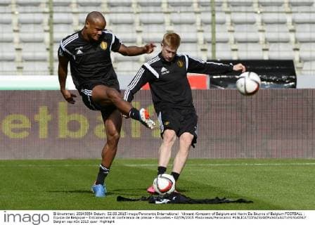 Vincent Kompany of Belgium and Kevin De Bruyne of Belgium FOOTBALL : Equipe de Belgique - Entrainement et conference de presse - Bruxelles - 02 09 2015 Photonews Panoramic 