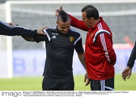 Radja Nainggolan of Belgium and Marc Wilmots, headcoach of Belgium FOOTBALL : Equipe de Belgique - Entrainement et conference de presse - Bruxelles - 02 09 2015 Photonews Panoramic 