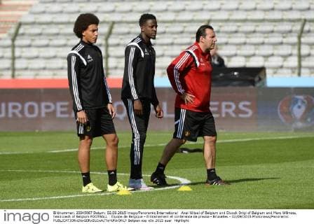 Axel Witsel of Belgium and Divock Origi of Belgium and Marc Wilmots, headcoach of Belgium FOOTBALL : Equipe de Belgique - Entrainement et conference de presse - Bruxelles - 02 09 2015 Photonews Panoramic 