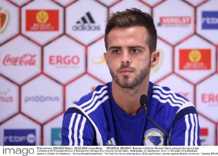 - BRUSSELS, BELGIUM: Bosnian midfielder Miralem Pjanic pictured during a press conference PK Pressekonferenz of Bosnia and Herzegovina national soccer team, Wednesday 02 September 2015, in Brussels King Baudouin stadium (Stade Roi Baudouin - Koning Boudewijnsatdion). The Red Devils are playing Euro 2016 qualification games against Bosnia tomorrow. Tuesday BRUNOxFAHY  x04692341x