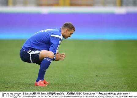 - BRUSSELS, BELGIUM: Bosnian forward Edin Dzeko pictured during a training session of Bosnia and Herzegovina national soccer team, Wednesday 02 September 2015, in Brussels King Baudouin stadium (Stade Roi Baudouin - Koning Boudewijnsatdion). The Red Devils are playing Euro 2016 qualification games against Bosnia tomorrow. Tuesday BRUNOxFAHY  x04692364x