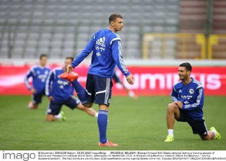 - BRUSSELS, BELGIUM: Bosnian forward Edin Dzeko pictured during a training session of Bosnia and Herzegovina national soccer team, Wednesday 02 September 2015, in Brussels King Baudouin stadium (Stade Roi Baudouin - Koning Boudewijnsatdion). The Red Devils are playing Euro 2016 qualification games against Bosnia tomorrow. Tuesday BRUNOxFAHY  x04692365x