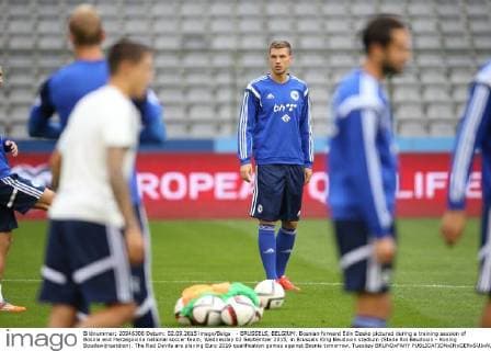 - BRUSSELS, BELGIUM: Bosnian forward Edin Dzeko pictured during a training session of Bosnia and Herzegovina national soccer team, Wednesday 02 September 2015, in Brussels King Baudouin stadium (Stade Roi Baudouin - Koning Boudewijnsatdion). The Red Devils are playing Euro 2016 qualification games against Bosnia tomorrow. Tuesday BRUNOxFAHY  x04692374x