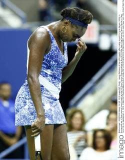 Venus Williams of the USA reacts after losing a point to Irina Falconi (USA) in the second set of their second round match at the US Open Tennis Championships at the USTA Billie Jean King National Tennis Center in New York City on September 2, 2015.  NYP20150902325 MONIKAxGRAFF