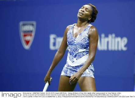 Venus Williams of the USA reacts after losing a point to Irina Falconi (USA) during a second set tie breaker of their second round match at the US Open Tennis Championships at the USTA Billie Jean King National Tennis Center in New York City on September 2, 2015.  NYP20150902327 MONIKAxGRAFF