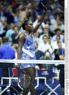 Venus Williams of the USA waves to the fans after defeating Irina Falconi (USA) in the three sets of their second round match at the US Open Tennis Championships at the USTA Billie Jean King National Tennis Center in New York City on September 2, 2015. Williams won Williams won 6-3, 7-6, 6-2.  NYP20150902332 MONIKAxGRAFF