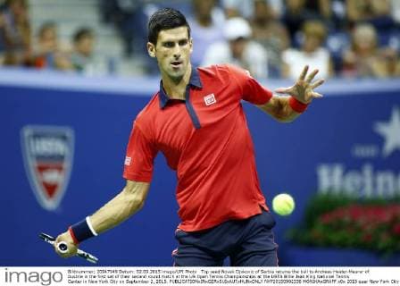 Top seed Novak Djokovic of Serbia returns the ball to Andreas Haider-Maurer of Austria in the first set of their second round match at the US Open Tennis Championships at the USTA Billie Jean King National Tennis Center in New York City on September 2, 2015.  NYP20150902336 MONIKAxGRAFF