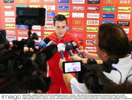 SOCCER - UEFA EURO EM Europameisterschaft Fussball 2016 quali, AUT vs MDA, preview VIENNA,AUSTRIA,03.SEP.15 - SOCCER - UEFA European Championship EM Europameisterschaft 2016, European Qualifiers, OEFB international match Länderspiel Austria vs Moldova, preview, mixed zone of team AUT. Image shows Zlatko Junuzovic (AUT). Keywords: press conference PK Pressekonferenz GEPAxpictures xChristianxOrt