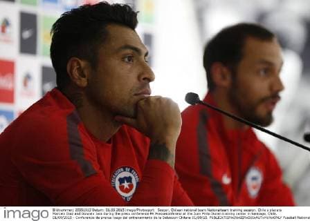 Soccer, Chilean national team Nationalteam training session. Chile s players Marcelo Diaz and Gonzalo Jara during the press conference PK Pressekonferenz at the Juan Pinto Duran training center in Santiago, Chile. 01 09 2015 - Conferencia de prensa luego del entrenamiento de la Seleccion Chilena 01 09 15. 