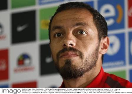 Soccer, Chilean national team Nationalteam training session. Chile s players Marcelo Diaz and Gonzalo Jara during the press conference PK Pressekonferenz at the Juan Pinto Duran training center in Santiago, Chile. 01 09 2015 - Conferencia de prensa luego del entrenamiento de la Seleccion Chilena 01 09 15. 