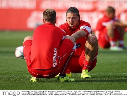 SOCCER - UEFA EURO EM Europameisterschaft Fussball 2016 quali, AUT vs MDA, preview VIENNA,AUSTRIA,03.SEP.15 - SOCCER - UEFA European Championship EM Europameisterschaft 2016, European Qualifiers, OEFB international match Länderspiel Austria vs Moldova, preview, training of team AUT. Image shows Marc Janko and Sebastian Proedl (AUT). GEPAxpictures xChristianxOrt