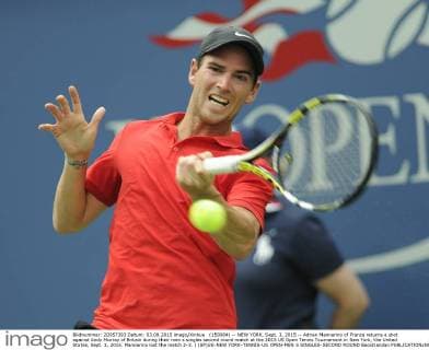 (150904) -- NEW YORK, Sept. 3, 2015 -- Adrian Mannarino of France returns a shot against Andy Murray of Britain during their men s singles second round match at the 2015 US Open Tennis Tournament in New York, the United States, Sept. 3, 2015. Mannarino lost the match 2-3. ) (SP)US-NEW YORK-TENNIS-US OPEN-MEN S SINGLES-SECOND ROUND BaoxDandan 