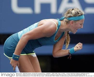 (150904) -- NEW YORK, Sept. 3, 2015 -- Victoria Azarenka of Belarus celebrates during the women s singles second round match against Yanina Wickmayer of Belgium at the 2015 U.S. Open in New York, the United States, Sept. 3, 2015. Victoria Azarenka won 2-0 to enter the next round. ) (SP)US-NEW YORK-TENNIS-US OPEN QinxLang 
