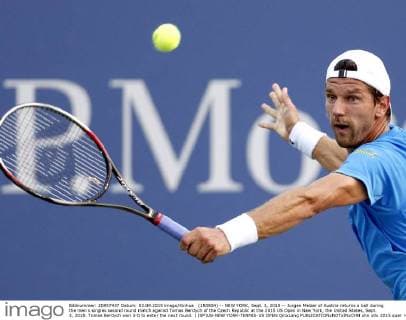 (150904) -- NEW YORK, Sept. 3, 2015 -- Jurgen Melzer of Austria returns a ball during the men s singles second round match against Tomas Berdych of the Czech Republic at the 2015 US Open in New York, the United States, Sept. 3, 2015. Tomas Berdych won 3-0 to enter the next round. ) (SP)US-NEW YORK-TENNIS-US OPEN QinxLang 