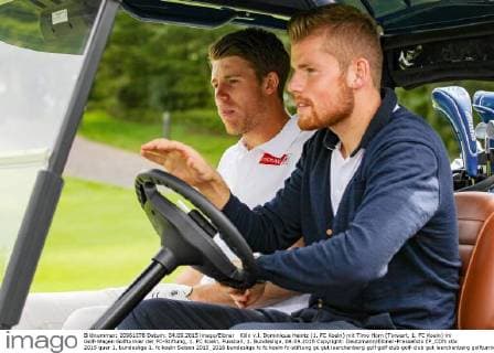 Köln v.l. Dominique Heintz (1. FC Koeln) mit Timo Horn (Torwart, 1. FC Koeln) im Golf-Wagen Golfturnier der FC-Stiftung, 1. FC Koeln, Fussball, 1. Bundesliga, 04.09.2015 Copyright: Deutzmann Eibner-Pressefoto EP_CDN