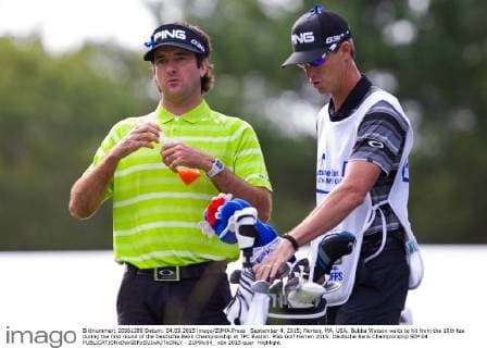September 4, 2015; Norton, MA, USA; Bubba Watson waits to hit from the 10th tee during the first round of the Deutsche Bank Championship at TPC Boston. PGA Golf Herren 2015: Deutsche Bank Championship SEP 04 - ZUMAc04_