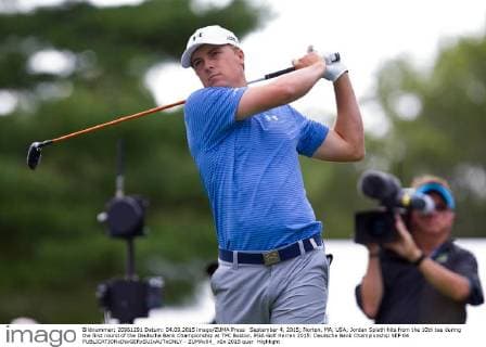 September 4, 2015; Norton, MA, USA; Jordan Spieth hits from the 10th tee during the first round of the Deutsche Bank Championship at TPC Boston. PGA Golf Herren 2015: Deutsche Bank Championship SEP 04 - ZUMAc04_