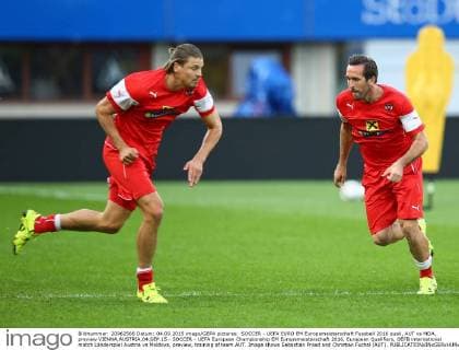 SOCCER - UEFA EURO EM Europameisterschaft Fussball 2016 quali, AUT vs MDA, preview VIENNA,AUSTRIA,04.SEP.15 - SOCCER - UEFA European Championship EM Europameisterschaft 2016, European Qualifiers, OEFB international match Länderspiel Austria vs Moldova, preview, training of team AUT. Image shows Sebastian Proed and Christian Fuchsl (AUT). GEPAxpictures xChristianxOrt
