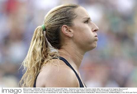 Dominika Cibulkova of Slovakia reacts after losing a point to Eugenie Bouchard of Canada in their match in Louis Armstrong Stadium on day five at the US Open Tennis Championships at the USTA Billie Jean King National Tennis Center in New York City on September 4, 2015.  NYP20150904102 JOHNxANGELILLO