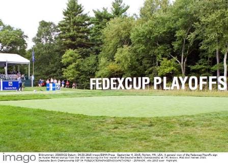 September 4, 2015; Norton, MA, USA; A general view of the Fedexcup Playoffs sign as Hunter Mahan swings from the 16th tee during the first round of the Deutsche Bank Championship at TPC Boston. PGA Golf Herren 2015: Deutsche Bank Championship SEP 04 - ZUMAc04_